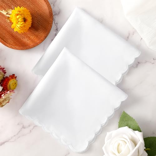 HOULIFE Handkerchiefs for women, Pure White Handkerchief with Scallop Edge