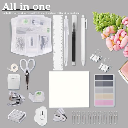 Mini Office Supply Kit, Mini Stapler with Staples and Tape Dispenser Set, Mini Stationary Kit Includes Sticky Notes Index Tabs Gel Pens for Office & School (Transparent) - color: Transparent