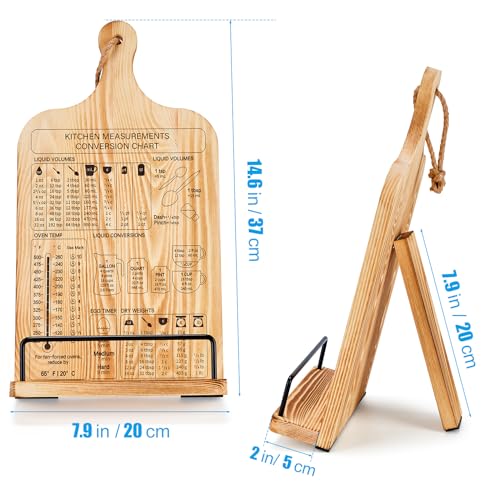 Housejoy Wooden Cookbook Stand for Kitchen with 2 Aprons&Conversion Chart