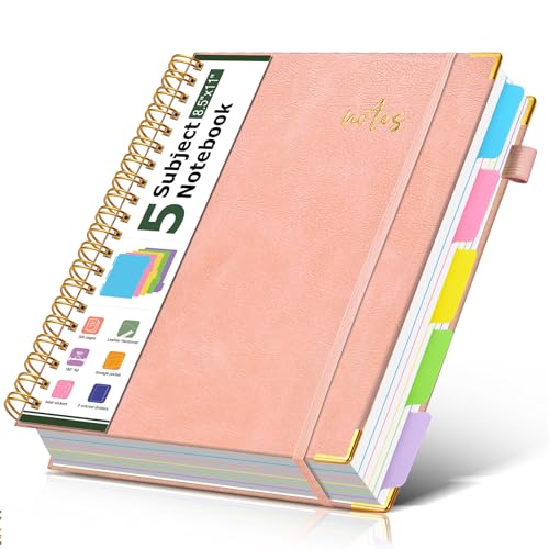 Hardcover Spiral Notebook Journal 8.5" x 11" Leather 5 Subject Notebook with Removable Dividers Tabs, 300 Pages Organizer Notebooks for Work School, College Ruled, Large Lined Journal for Women,Pink - color: Pink, size: A4