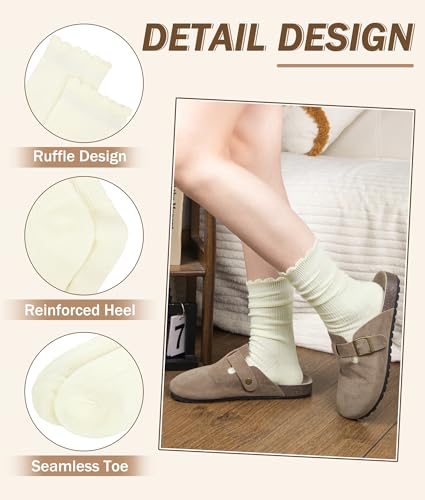 Justay 6 Pairs Ruffle Socks Women, Crew Cotton Frilly Boot Socks - color: Black Brown Coffee White Beige Grey