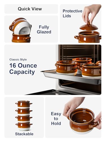 LE TAUCI French Onion Soup Bowls with Lids, Handles, 16 oz, Set of 4 - size: 16 OZ