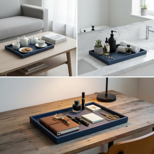 35 * 18 Inch Rectangular Ottoman Tray | Textured PU Leather, Waterproof & Heat-Resistant Storage for Coffee/Dining Tables, Sofa, Bed, Entertainment & Party (Navy Blue, 35 * 18in) - color: Navy Blue, size: 35" x 18" x 1.1"