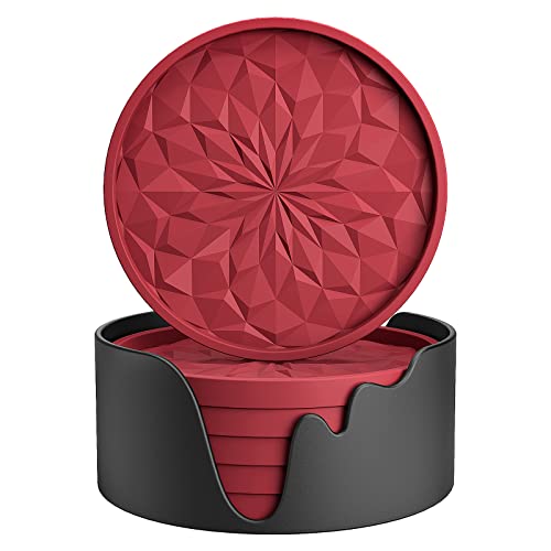ME.FAN Silicone Coasters with Holder,[6 Pack] Drinking Coasters - Cup Mat for Hot or Cold Drinks, Thickened, Non-Slip, Non-stick,Deep Tray Wine Red - color: Wine Red