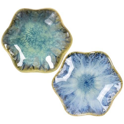 2Pcs Ceramic Jewelry Dish - Lotus Leaf Shape, for Ring Holder Necklace Small Key, Suitable for Mother Friend Sister, Gifts for Women, Cute Plate Trinket Tray, Home Decor (Crystal Green & Light Blue) - color: Crystal Green & Light Blue