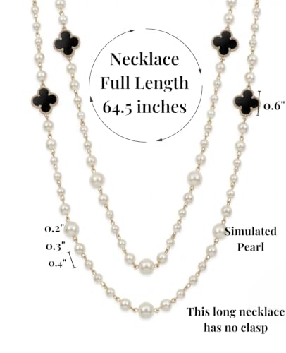 Long Pearl Necklace for Women Layered Lucky Clover Jewelry Gift - color: Black Clover