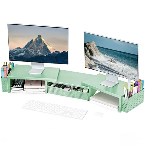 Spacrea Dual Monitor Stand Riser with Drawer and 2 Pen Holders - color: Sage Green