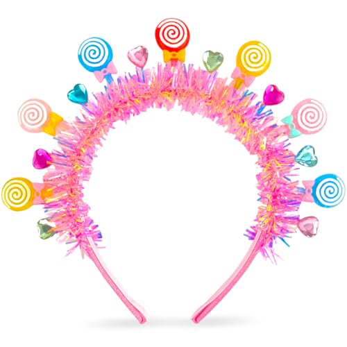 1 Pcs Candy Headband Lollipop Hairband with Pom Pom Bow, Rainbow Tinsel Hair Accessory for Christmas Costume Party Gift (Single-Layer)