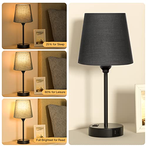 Black Bedside Lamps Set 2 for Bedroom - Dimmable Touch, USB C+A, AC Outlet - color: Black