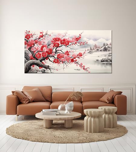 NAN Wind Asian Wall Art Traditional Chinese Painting Oriental Red Plum Blossom Canvas Pictures for Wall Decor Home decor for Living Room Cherry Blossom Decor Landscape Artwork Framed Ready to Hang - color: Red-One Piece, size: 24"L x 12"W