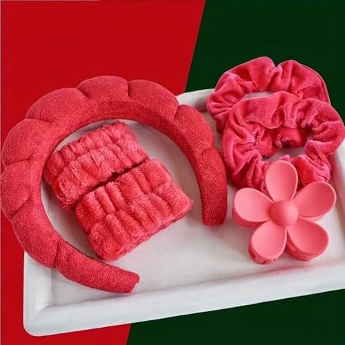 Spa Headband Set Washing and makeup sponge hair hoop suit bath towel cloth for cleaning the face or bath beam. (Red, Average code) - color: Red