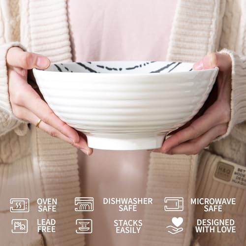 YUN TAO Pho Bowls Set of 2, 40 Oz Large Soup Bowls, White Ceramic Ramen Bowls with Chopsticks and Spoons, Deep Asian Noodle Bowls for Home Use