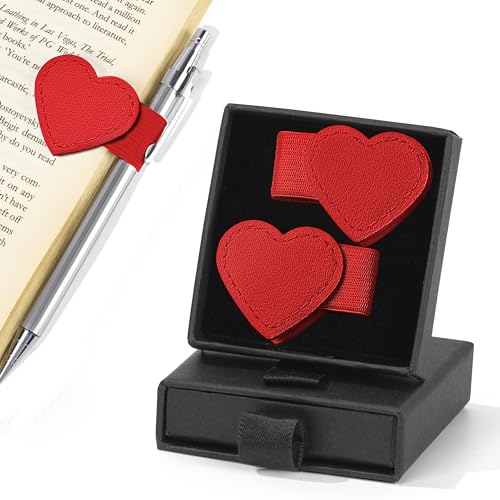 2Pcs Magnetic Leather Bookmarks with Pen Holder Gift Box, Heart-Shaped Magnetic Book Marks for Book Lover Readers Cute Leather Bookmark for Women Girls (Red) - color: Red