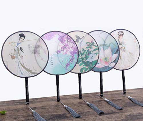 Seres Classic Round Fan,Wood Fan Rib&Semi-Transparent Silk Cloth,10+ Optional Patterns,Diameter 8.3in,团扇 (6.Purple Blooms) - color: 6.Purple Blooms