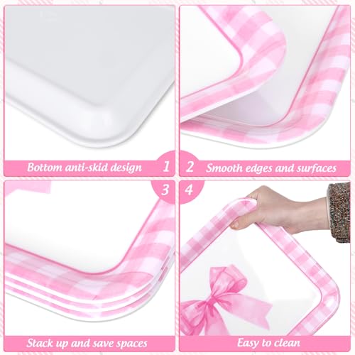 JarThenaAMCS 3Pcs Pink Bow Serving Trays 13 x 10 Inch Watercolor Ribbon Bow Knot Reusable Platter Pink White Plaid Serving Dishes for Coquette Birthday Wedding Baby Shower Party Decor - style: Plaid Pink Bow