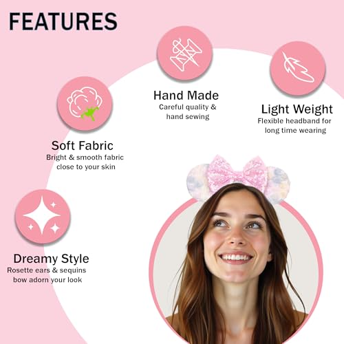zhezesmila Pastel Floral Mouse Ears Headband – 3D Rosette & Pink Sequin Bow Costume Accessory for Women & Girls – Spring Princess Theme Park Outfit for Travel Birthday Party