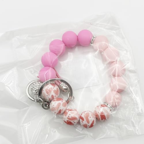 Unpafcxddyig Silicone Bead Keychain Bracelet Wristlet Key Ring - color: Rainbow Pink Rose