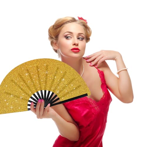 Large Folding Hand Fan Glitter Large Rave Hand Fan, Folding Shiny Hand Fan Clack Handheld Fan Women Handheld Fan with Bag for Festival, Disco Party, Club, Dance, EDM, Home Decoration(Gold) - color: Gold