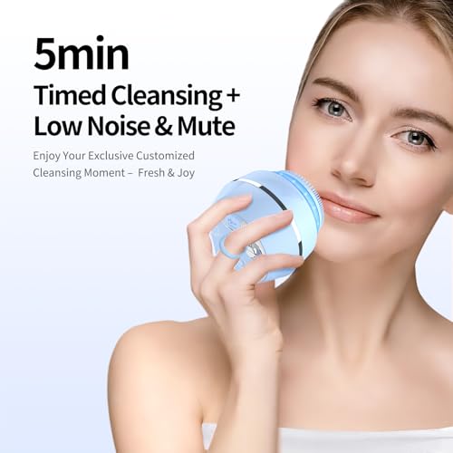 Face Scrubber, Waterproof Silicone Facial Cleansing Brush 6 Modes, 3 Light Effect, Rechargeable Electric Exfoliator Deep-Clean Scrubber for Women and Men - color: Blue