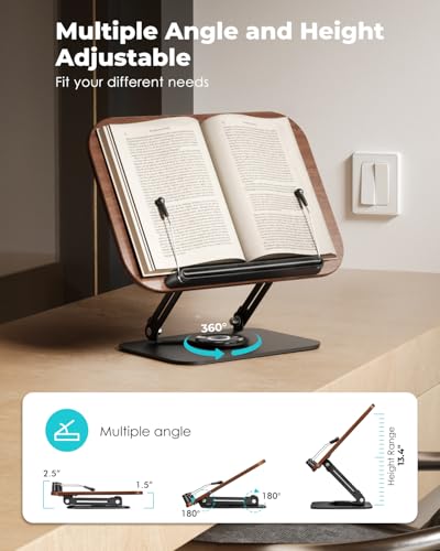 Viozon Book Stand for Reading,Book Holder, Height&Angle Adjustable, 360° Rotating Base, Foldable and Portable, Lightweight for Office, Kitchen, School Textbook, Recipe, Magazine,Kindle,Tablet DW - color: Dark Wood
