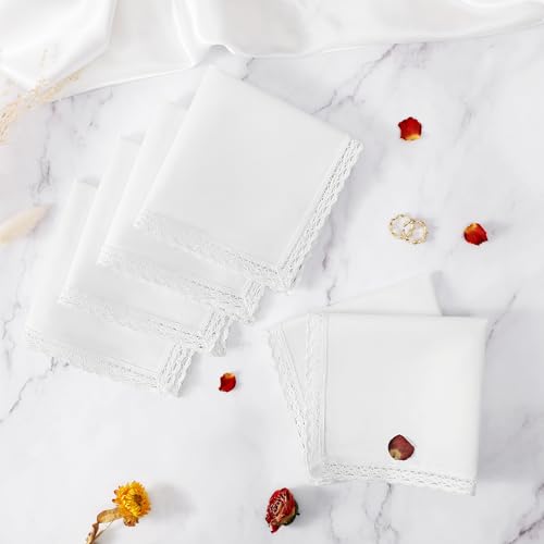 HOULIFE Handkerchiefs for Women, Pure White Handkerchief with Lace Edge