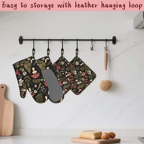 Mushroom Heat-Resistant Silicone Oven Mitts and Pot Holders,Herb Plant Berry Butterfly Long Oven Gloves with Non-Slip Grip for Cooking, Baking, Grilling,BBQ - color: Mushroom Herb Plant Berry Butterfly