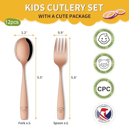 DEHOV Rose Gold Toddler Eating Utensils Set,Set Of 12 Food Grade Stainless Steel Silverware Sets For Kids,Dishwasher Safe Children Small Metal Spoons And Forks Flatware Sets - color: Rose Gold