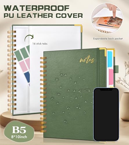 5 Subject Spiral Notebook Journal with Removable Dividers Tabs, 300 Pages Organizer Notebooks for Work School, 8"x10" Hardcover Leather Notebook College Ruled, Large Lined Journal for Women Men,Green - color: Sage Green, size: B5