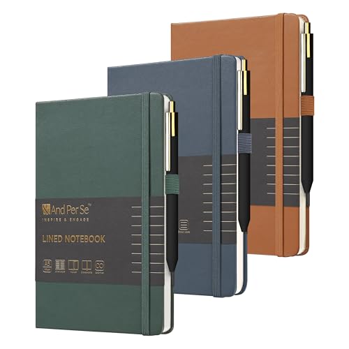 &And Per Se Lined Journal and Pen Set (3 Packs), A5 Leather Hardcover Notebook with Pen & Stationary Set, 160 Pages 100GSM Thick Ruled Paper Journal for Business Work Writing (Green-Blue-Brown) - color: Green-Blue-Brown
