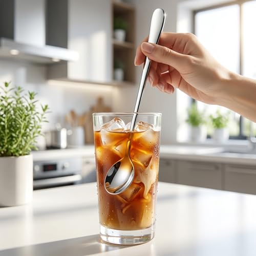 Long Handle Iced Tea Spoons, 7.9" 18/10 Stainless Steel Cocktail Stirring Spoons with Thickened Ergonomic Handle, Tall Coffee & Latte Stirrers, Dessert Spoon Set, Dishwasher Safe Set of 8 - color: Silver 7.5 IN, size: Round