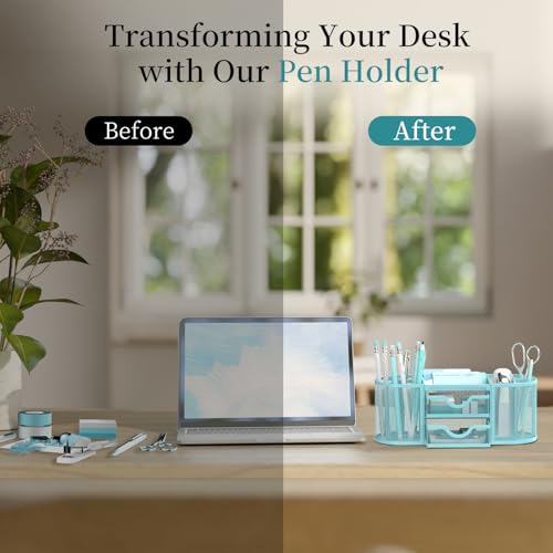 SUPEASY Mesh Desk Organizer, Pen Holder for Desk with 2 Drawers, Blue - color: Baby Blue