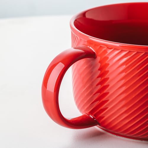 Ceramic Soup Bowl with Handle, 38 oz Microwave Safe, Red - color: Red