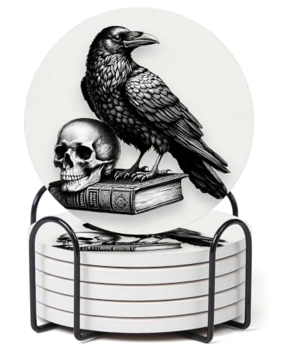 Nikyi 6 Pcs Crow Skull Art Ceramic Coasters, Round Absorbent Drink Coaster with Metal Holder and Cork Base, Black Raven Gothic Coaster for Coffee Table Kitchen Office Home Decor Gifts - color: Crow
