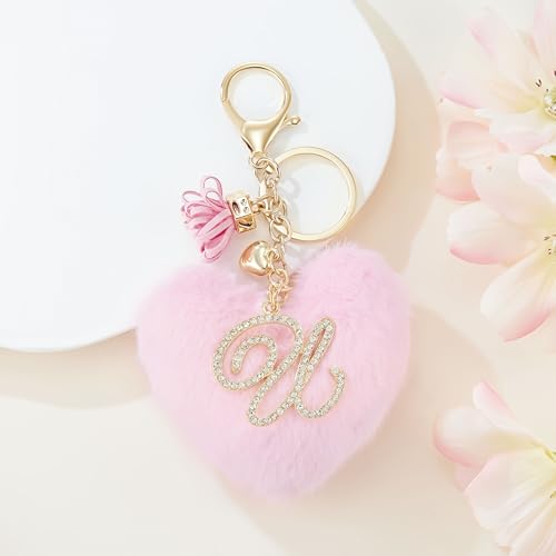 Initial Letter Heart Pom Pom Keychain for Women Pink Soft Fluffy Ball Key Ring for Purse Backpack Handbag - color: U