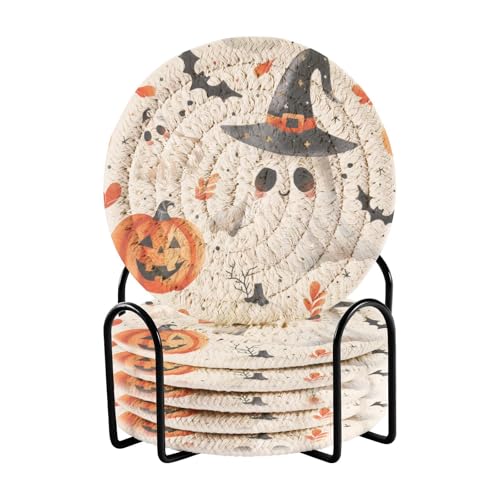 Cute Halloween Drink Coasters Set - 6 Pcs Minimalist Woven Coasters with Holder for Home Decor, 3.94 Inch Absorbent Coasters for Drinks - color: A03