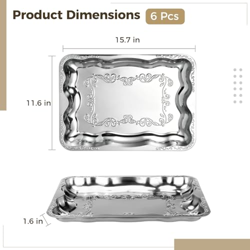 6 Pcs Silver Serving Trays, Engraved Butterfly Floral Serving Platters, Mirror Polished Stainless Steel Food Trays, Decorative Silver Plates for Appetisers, Fruits, Desserts - size: 15.7 x 11.6 x 1.6 in
