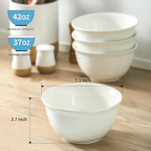 Hasense Soup Bowls, 40 Ounce Large Cereal Bowls for Kitchen, 7 Inch Ceramic Serving Dishes for Salad Pasta Oatmeal, Dishwasher and Microwave Safe, Clay-Infused White - color: Clay-Infused White, size: 40 Ounce