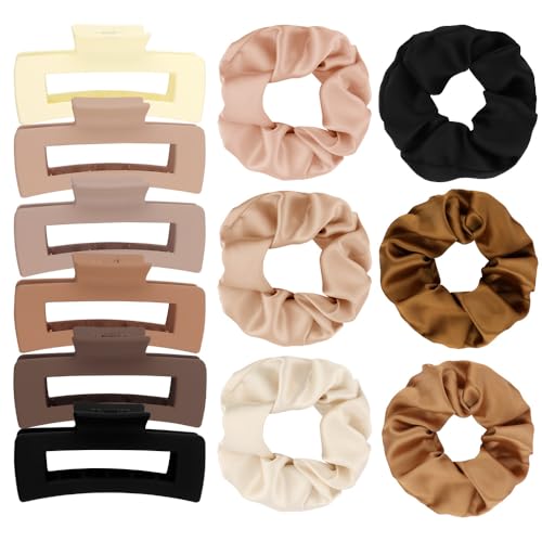 12pack Claw Clips and Satin Scrunchies Set,6 Soft Satin Silk Scrunchies & 6 Matte Hair Clips Cute Hair Accessories for Girls Women Daily Wear Neutral Color - color: Style 1