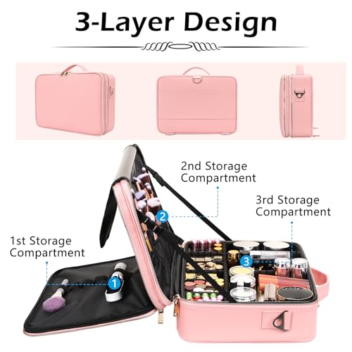 gzcz Large Capacity Travel Makeup Case Organizer,Professional Cosmetic Bags for Women,Waterproof PU Leather Makeup Bag with Adjustable Dividers and Shoulder Strap for Brushes and Jewelry - color: Criss Cross Pink, size: Large