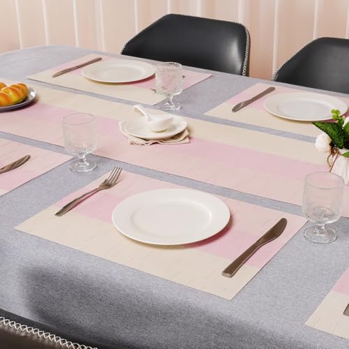 Placemats Set of 8, Vinyl Woven Heat-Resistant Place Mats - color: Beige Pink, size: Set of 8