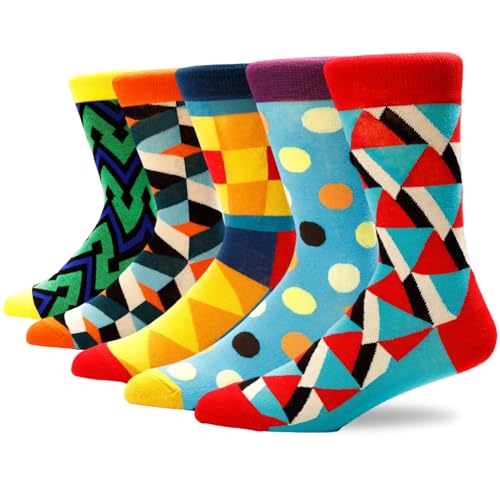 Colorful Funny Novelty Dress Socks for Men Women Teens Fathers Day Casual Fun Crazy Funky Graphic Crew Socks - color: 5 Pairs -Ab Geometric Style - Color Block Polka Dot Triangular Patchwork Chevron Patterns Socks, size: 6-12