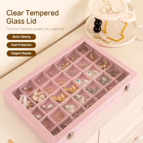 Frebeauty 35 Grid Earring Organizer,Velvet Jewelry Tray with Clear Lid - color: Pink, size: 35 Grid