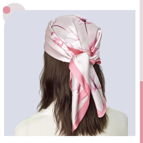 Seawhisper Premium Printed Satin Silk-Like Neck Scarf for Women Square 26" - color: Pink
