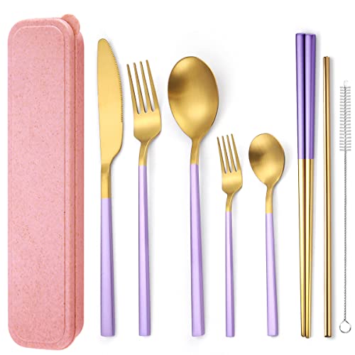 AARainbow 8 Pieces Stainless Steel Flatware Set Portable Reusable Cutlery Set Travel Utensils Set Including Chopsticks Knife Fork Spoon Straws Cleaning Brush Dishwasher Safe (B-Purple Golden) - color: B-Purple Golden