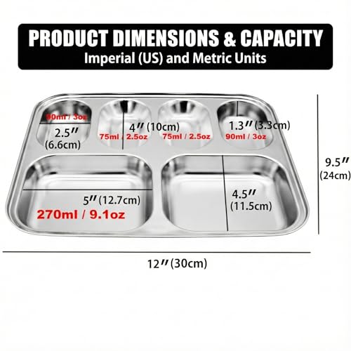 Korean Stainless Steel Divided Plates for Kids & Adults, Non-Toxic, 2-Pack - size: 6 Compartments (12x9.5Inch)