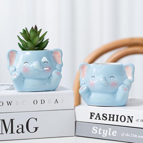 DIYOMR Cute Animals Planter, Mini Ceramic Cartoon Animal Shaped Succulent Flower Pot Indoor Air Plants Holder, Smooth Shiny Decorative Flower Cactus Planter - Plants Not Included (Baby Elephant) - color: Baby Elephant