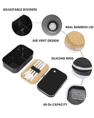 Bento Box Adult Lunch Box - 2 Stackable Containers, 68 oz Large, Natural Bamboo Lid, Microwave Safe, Dishwasher Safe, Bpa free, Gifts for Women - color: Z-Black-2 Stackable Containers
