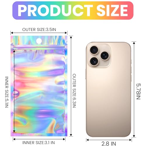 Funfery 100pcs Mylar Holographic Bags-Resealable Zipper&Clear Window - color: Holographic, size: 3.5 x 6.3 Inch