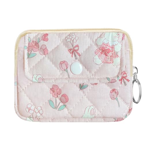 Cute Prints Cotton Quilted Coin Purse for Women Girls - color: PLAID RABBIT