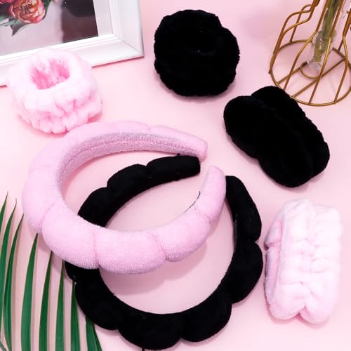 SPA Headbands for Washing Face Makeup Headbands with Bow Hair Band Women Facial Head Band Wrist Towel Wraps For Shower Face Mask Black Pink, 6 Pack - color: Black Pink